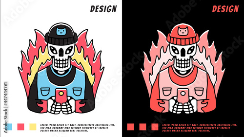 hype skull playing gadget in fire, illustration for t-shirt, poster, sticker, or apparel merchandise. With cartoon style.
