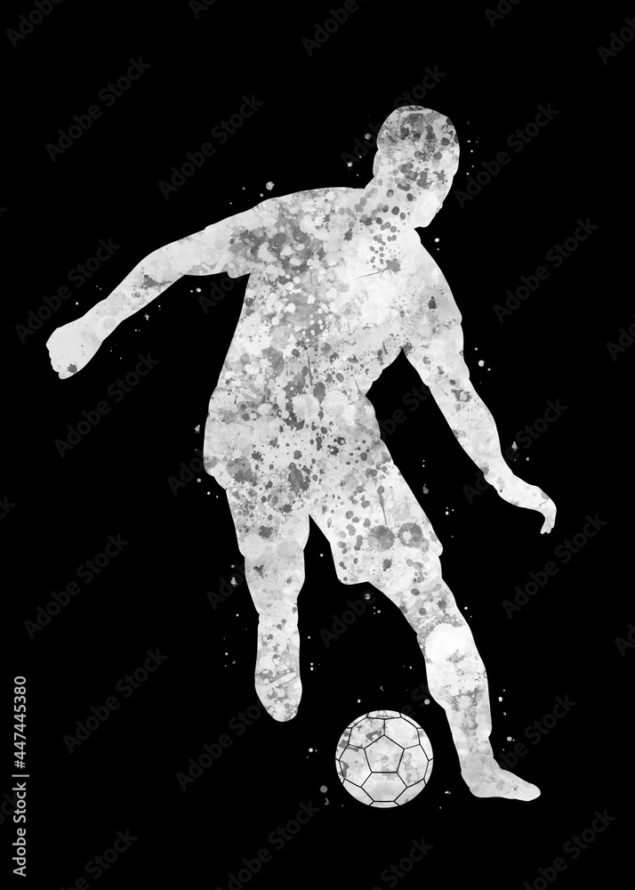 Fototapeta premium Soccer Player white black art watercolor, abstract sport painting. black and white sport art print, watercolor illustration artistic, greyscale, decoration wall art.