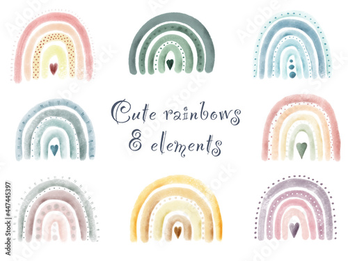 Watercolor set hand painted cute rainbows. Isolated elements