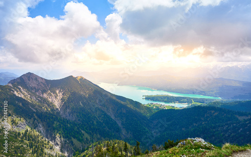 View from the hiking Trail between the bavarian mountains Herzogstand and "Heimgarten". Lake Walchensee and Lake Kochel. © marako85
