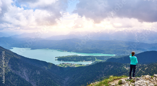 View from the hiking Trail between the bavarian mountains Herzogstand and "Heimgarten". Lake Walchensee and Lake Kochel.