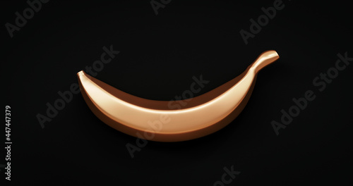 Gold banana abstract design or fresh creative tropical sweet tasty organic fruit on black background with contemporary golden art concept. 3D rendering.