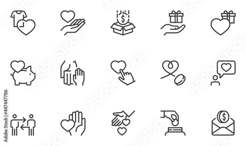 Set of Vector Line Icons Related to Donations and Charity. Volunteer, Helping, Providing Assistance, Kindness. Editable Stroke. 48x48 Pixel Perfect.