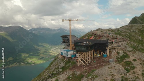 Romsdalsgondolen Crane And Eggen Restaurant Overlooking The Mountains And Fjord In Norway. - aerial photo