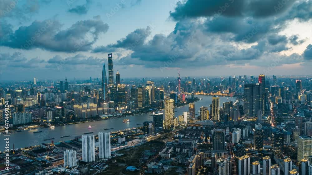 Drone shot: 4K Aerial view of Shanghai skyline in sunny sky.Shoot with Cinema DNG sequence Drone shot: 4K Aerial view of Shanghai skyline in sunny sky.Shoot with Cinema DNG sequence