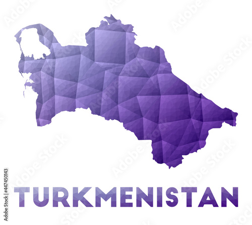 Map of Turkmenistan. Low poly illustration of the country. Purple geometric design. Polygonal vector illustration.