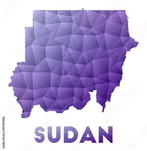 Map of Sudan. Low poly illustration of the country. Purple geometric design. Polygonal vector illustration.
