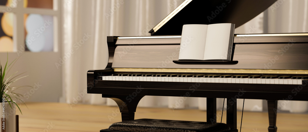 Classic piano in luxury practice room at home, Grand piano with music book  ilustración de Stock | Adobe Stock