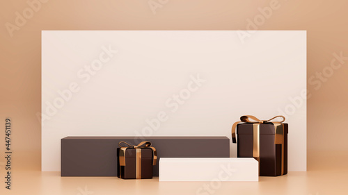 podium with high stylish design background and gift boxes in brown, rectangle in backdrop, 3d illustration