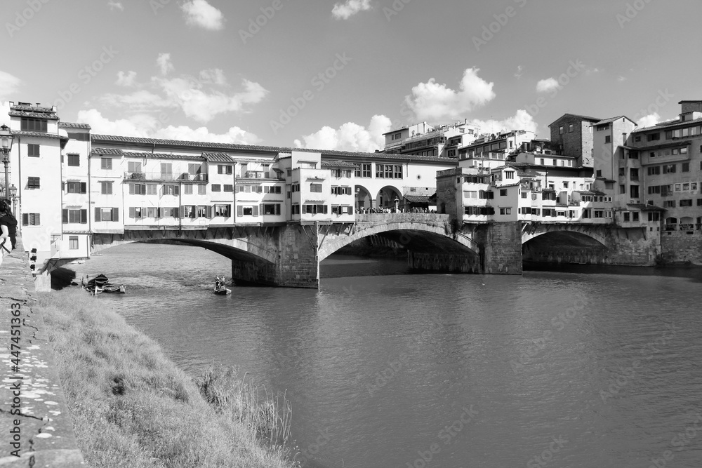 Florence - Vecchio Bridge. Black white Italy.