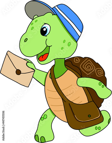 the postman turtle runs and holds an envelope in his hand vector illustration