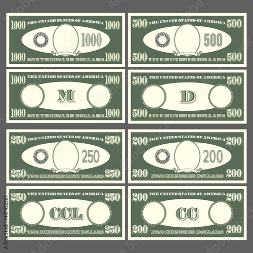 Third set US paper money samples empty ovals. Banknotes denominations 200, 250, 500 and 1000 dollars
