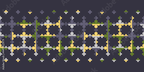 Stylised four leaf clover seamless pattern Border with leaves creating chequered texture. Regularly repeating geometric vector shapes for wallpaper, interior fabrics, prints and stationery.