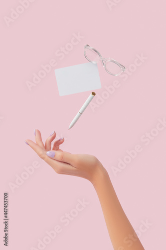 Fényképezés Office supplies stationery levitate on pink background