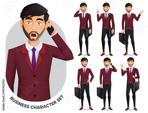 Business man characters vector set. Businessman male boss character with expression and gesture of calling, shocked and serious holding suitcase bag for employee collection design. Vector illustration