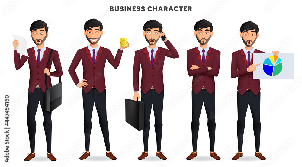 Business man characters vector set. Businessman male employee character in standing, calling and holding office elements for staff worker cartoon collection design. Vector illustration
Business man characters vector set. Businessman male employee character in standing, calling and holding office elements for staff worker cartoon collection design. Vector illustration