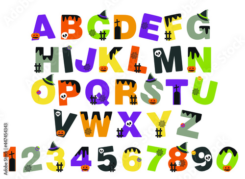 alphabet for children with halloween elements. Kids learning material. Card for learning alphabet. 