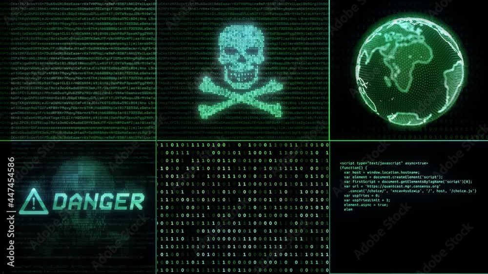 Skull image closeup on computer screen loop. warning message, hacked system, breach. Ransomware attack, Skull Random Data. hacking attack. Computer system crash, error message.