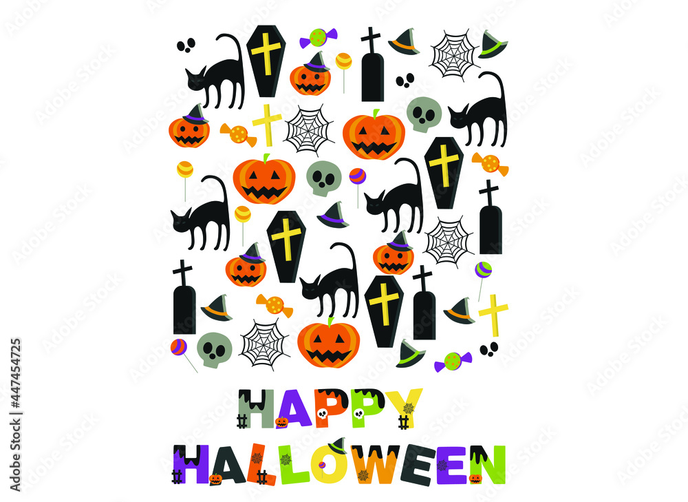 Halloween background with stylized holiday elements (pumpkin, cat, spider web, skull, candy) 