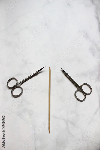 Top view of tools and materials for modern manicure and nail extension. Flat lay manicure tools