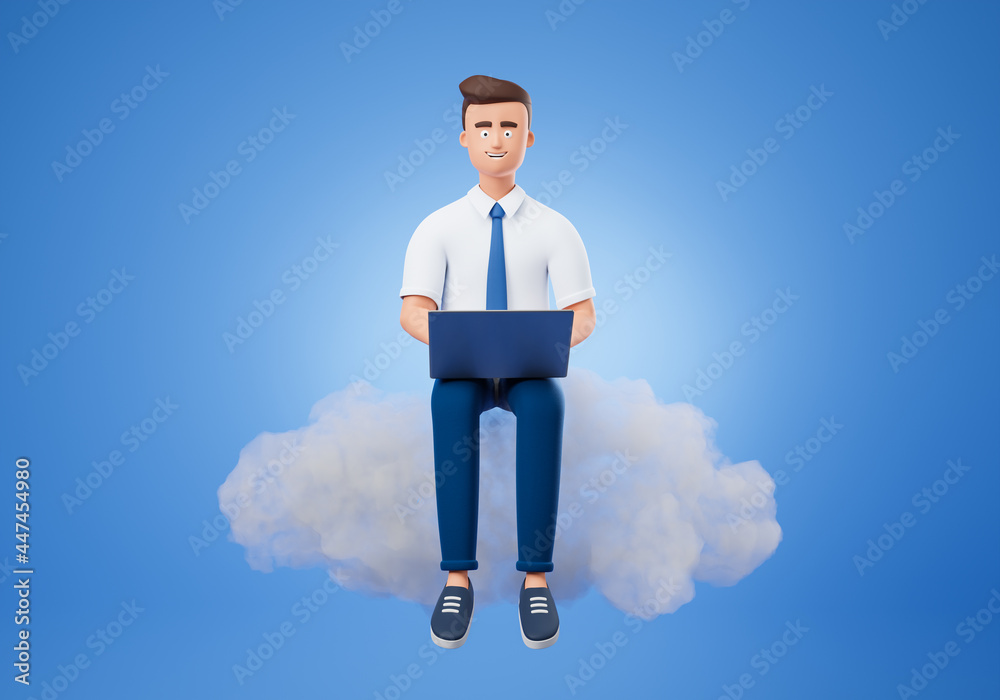 Handsome cartoon businessman seat on cloud over blue background with laptop. Big data cloud computing technology concept. Handsome cartoon businessman seat on cloud over blue background with laptop. Big data cloud computing technology concept.