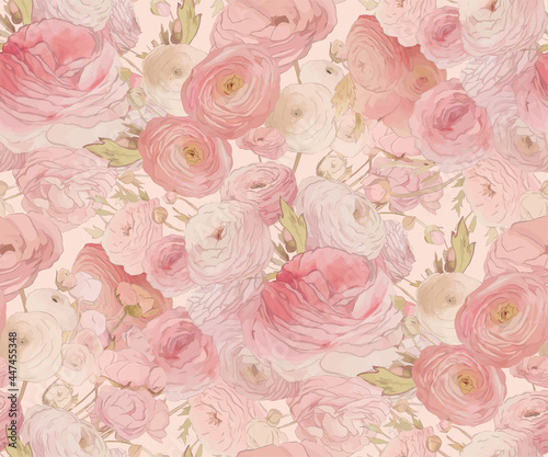 Fototapeta Naklejka Na Ścianę i Meble -  pink watercolor peonies and roses seamless pattern