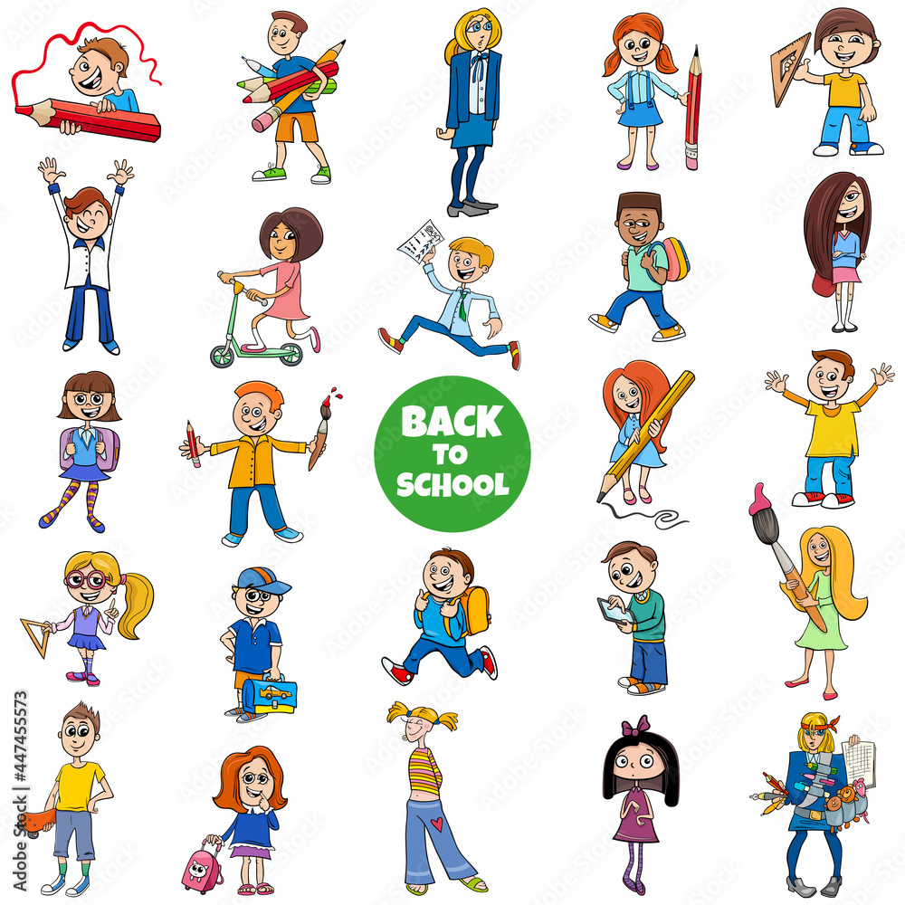 back to school set with cartoon children characters