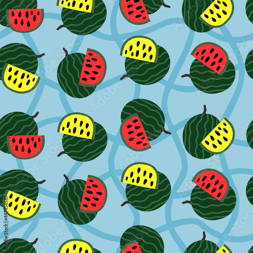 Pattern of sweet juicy pieces watermelon, watermelon slices with seed Vector background. Modern trendy repeat pattern with watermelon