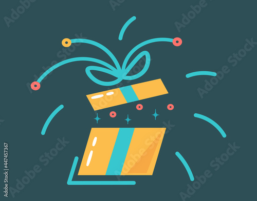 Bright gift in a flat style. Colorful souvenir of yellow color on a blue background. Opened gift box, Fancy surprise. A special holiday is birthday, Christmas, New Year. Isolated vector illustrations.