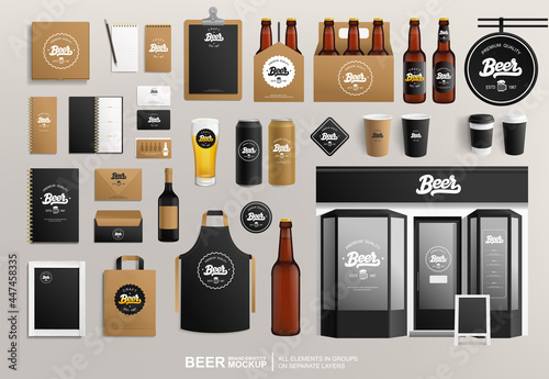 Beer package and Restaurant facade Brand identity vector Mockup set. Dark craft beer vector bottle, restaurant sign, package, menu and stationery items. Outdoor signage bar and cafe items mockup