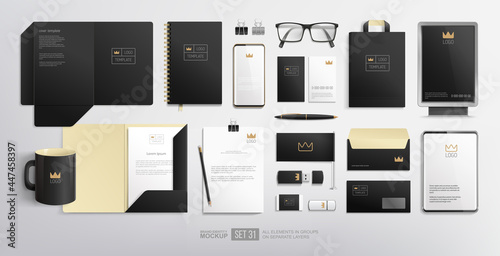 Realistic Stationery Branding identity mock-up set of city lightbox, folder, blank, phone, tablet. Corporate Identity Brand Mockup set on white background