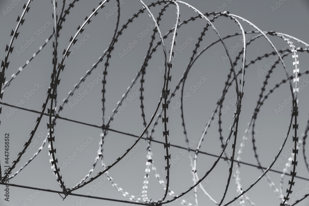 Rusted barbwire and chain link fence. Iron wire on sky background. Black and white Rusted barbwire and chain link fence. Iron wire on sky background. Black and white