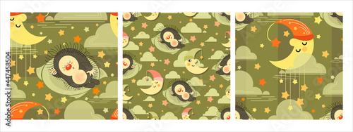 Cute hedgehog. Young month. Night background. Set. Funny cartoon characters in the night sky. 
