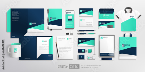 Business branding identity with office stationery items and objects Mockup set. Blue colour abstract design Corporate company corporate Identity design on stationery items, folder, mug, t-shirt, bag photo