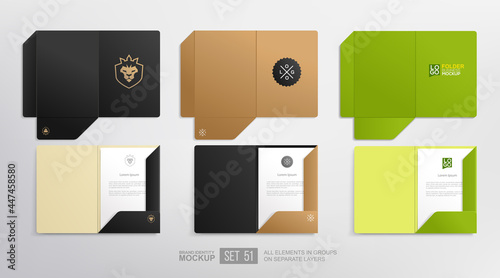 Open Stationary A4 Folder Branding Identity Mockup set with concept of lion in crown logo template. Black and green cardboard Document Folder set for corporate identity presentation. Vector template