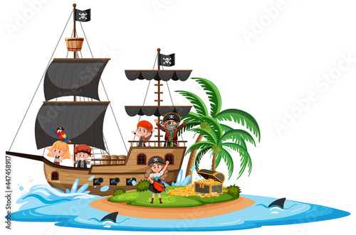 Pirate ship on island with many kids isolated on white background