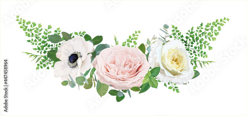 Vector editable floral bouquet illustration. White anemone flower, pink quartz, light yellow roses, fern leaves, eucalyptus branches. Wedding beautiful invitation, save the date card. Designer element