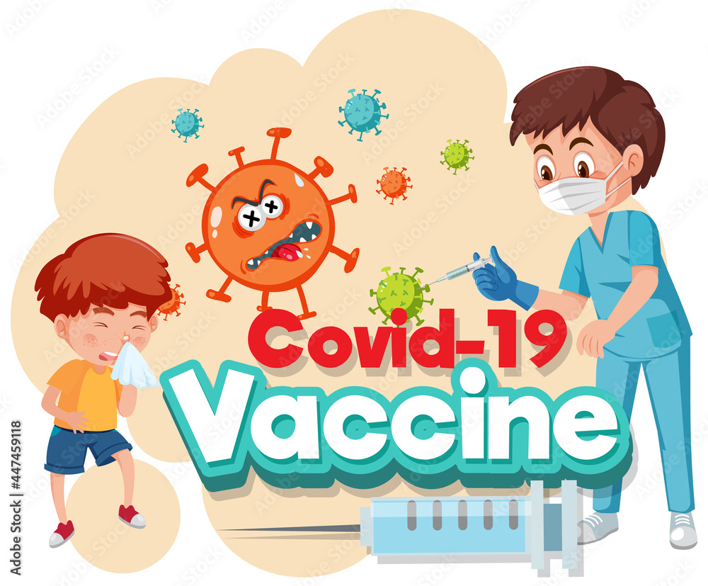 Doctor and kid patient cartoon character with Covid-19 vaccine font Doctor and kid patient cartoon character with Covid-19 vaccine font