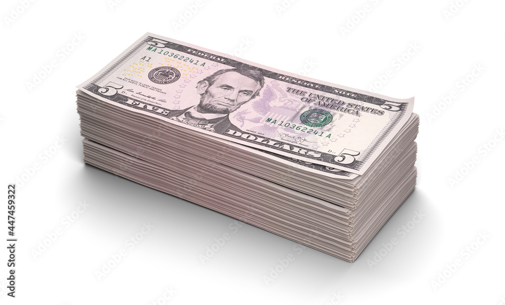 Five dollar bundles isolated on white background Five dollar bundles isolated on white background