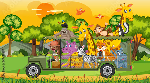 Safari scene with wild animals in the cage car