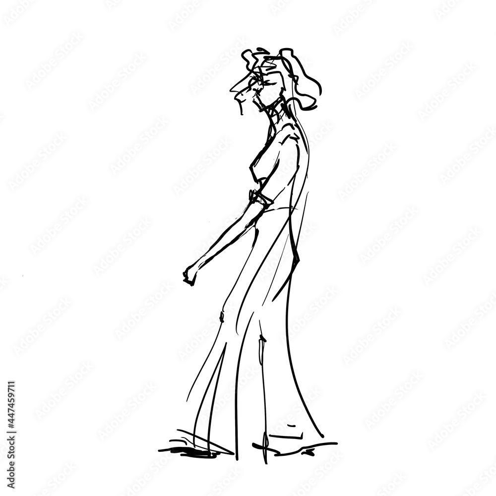 Silhouette of a woman walking cotor outline sketch drawing.