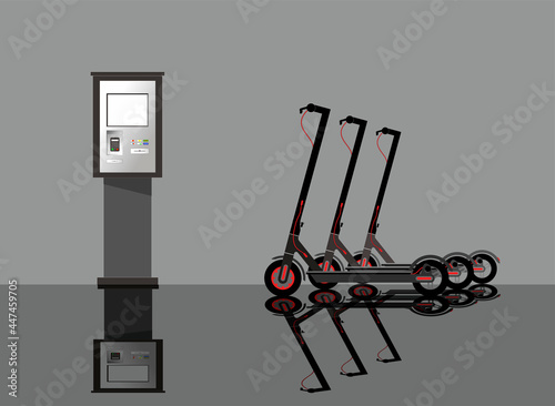 Electric scooter rental. Electric scooters for shared use are lined up and ready to rent. Vector illustration.