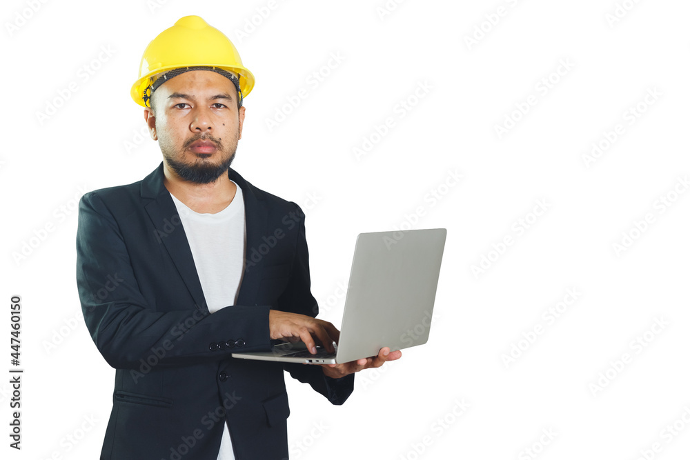 Asian engineering man wears hardhat holding working with laptop isolated on white background. foreman control construction. clipping path. Asian engineering man wears hardhat holding working with laptop isolated on white background. foreman control construction. clipping path.