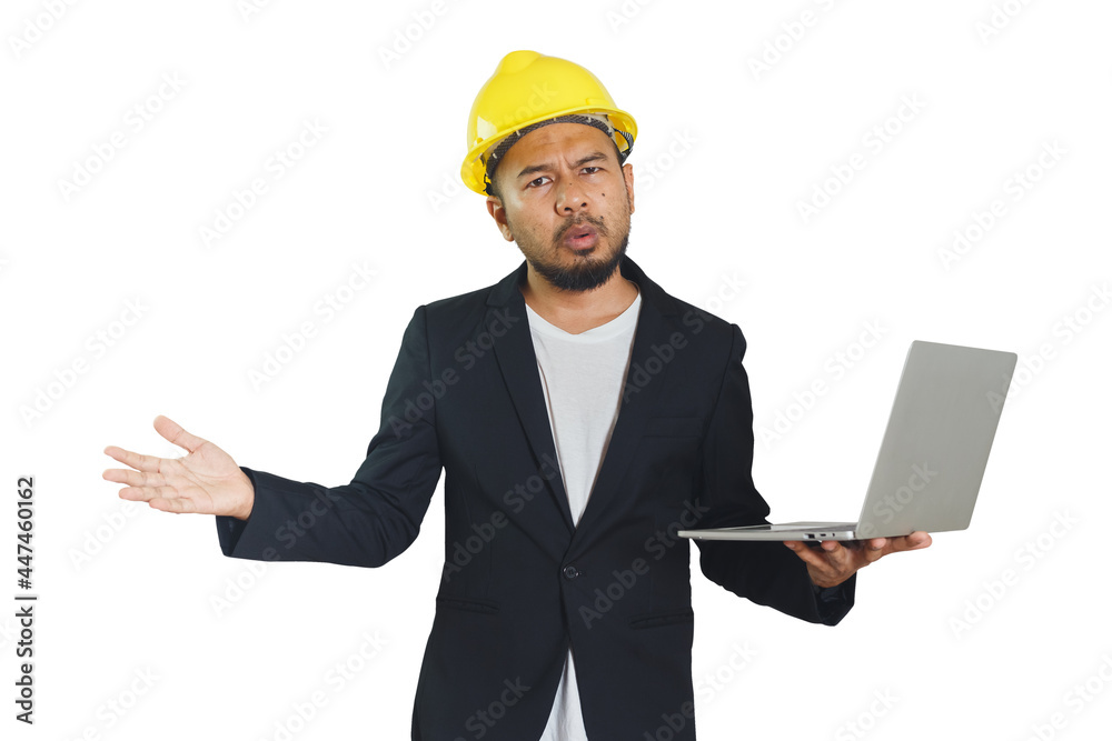 Asian engineering man wears hardhat stressful gesture holding laptop isolated on white background. foreman control construction. clipping path. Asian engineering man wears hardhat stressful gesture holding laptop isolated on white background. foreman control construction. clipping path.