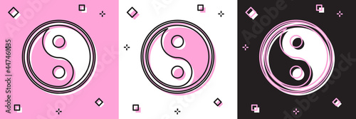Set Yin Yang symbol of harmony and balance icon isolated on pink and white, black background. Vector Illustration
