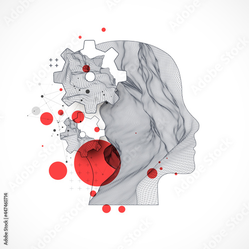 Topography in the contour. The human head is made in the style of a frame with gears. Vector art.