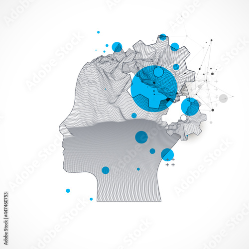 Topography in the contour. The human head is made in the style of a frame with gears. Vector art.