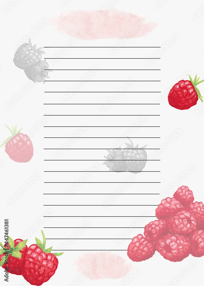 Cookbook page template. The page is lined up. Watercolor recipe page with raspberries decor. Page for culinary book. Page with raspberries for recipes, desserts. Cookbook page template. The page is lined up. Watercolor recipe page with raspberries decor. Page for culinary book. Page with raspberries for recipes, desserts.