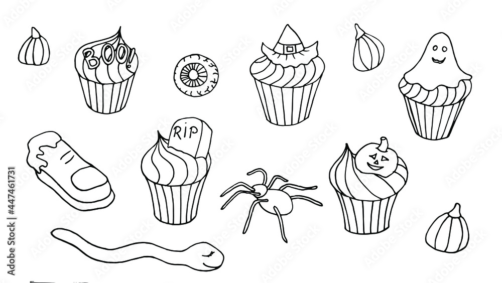 Halloween sweet treats set. Holiday food in hand drawn style. Esoteric and mystery symbols for stickers, badges, print