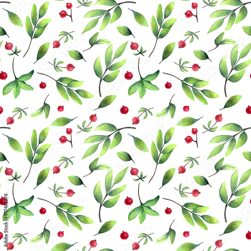 Watercolor seamless pattern with red small pomegranates and green leaves isolated on white background. Floral and fruit pattern.